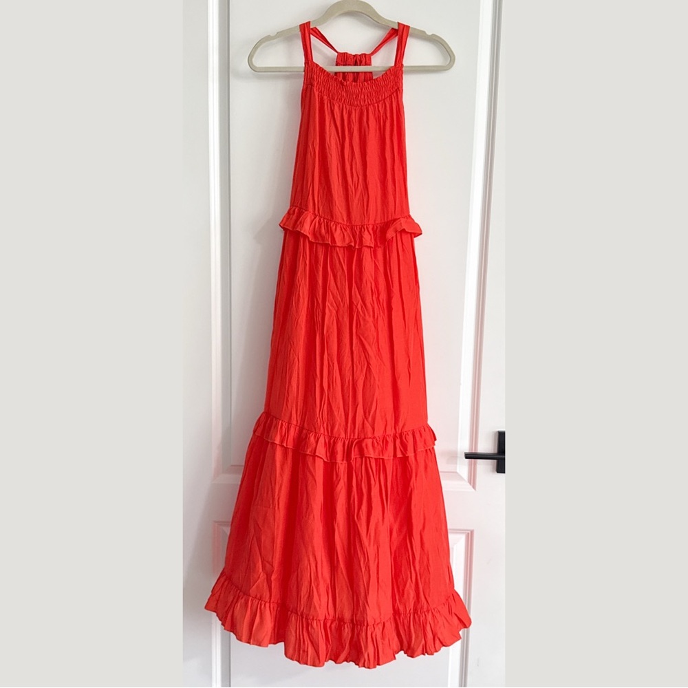 Lush Orange Smocked Tiered Maxi Dress Halter Neck NWOT